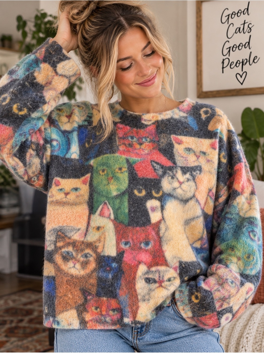 YESNO Colorful Cat Collage Graphic Cotton Wool Knit Sweater size M/L